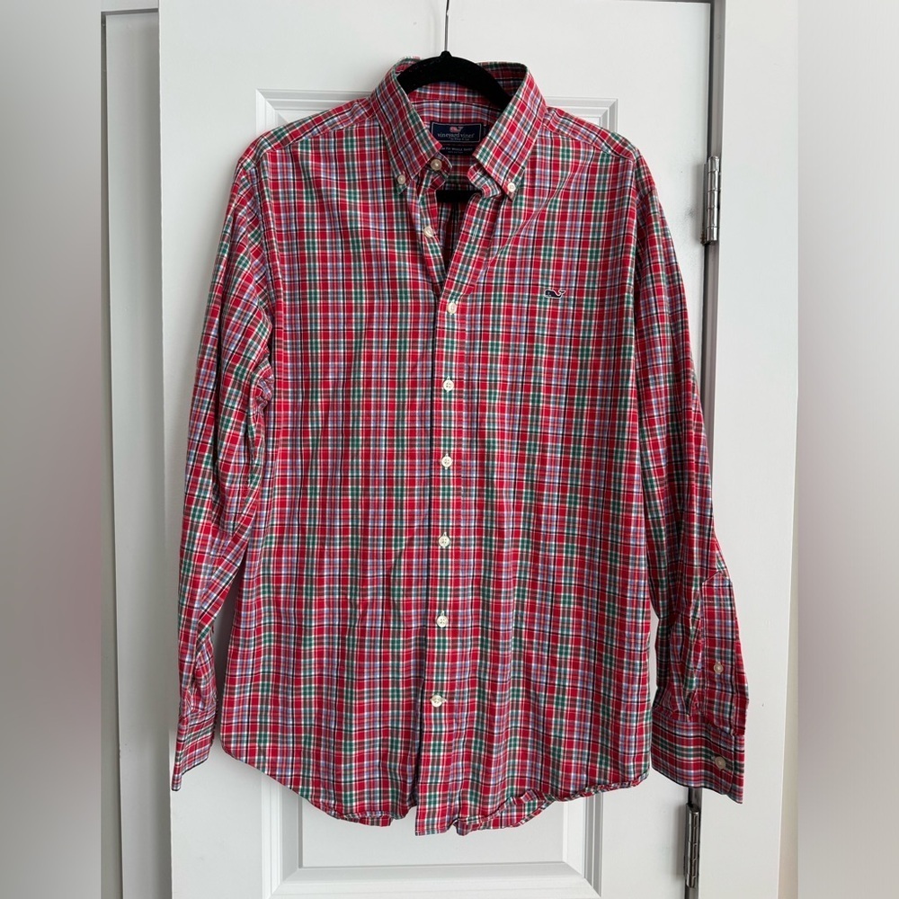 Vineyard Vines Men Red and Green Plaid Button Down Shirt Size Large Whale Shirt